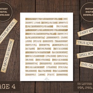 May include: A printable sheet of digital stickers with a vintage parchment paper design. The stickers feature words and phrases related to magic, fantasy, and fairy tales. Some of the words include "Into the Woods", "True Love's Kiss", "Spell Books", and "Evil Queen".