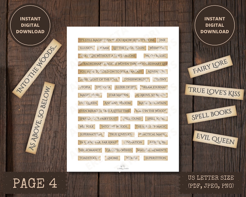 May include: A printable sheet of digital stickers with a vintage parchment paper design. The stickers feature words and phrases related to magic, fantasy, and fairy tales. Some of the words include "Into the Woods", "True Love's Kiss", "Spell Books", and "Evil Queen".