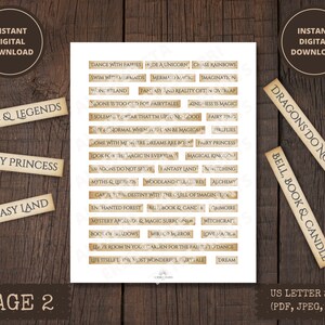 May include: Page two of a printable sheet of digital stickers featuring fantasy and fairytale themed words and phrases. The stickers are in a vintage style with a brown paper background and gold lettering. The words include "Dance with Fairies", "De a Unicorn", "Chase Rainbows", "Swim with Mermaids", "Mermaid Magic", "Imagination", "Wonderland", "Fantasy and Reality Often Overlap", "No One is Too Old for Fairytales", "Kindness is Magic", "Solemnly Swear That I'm Up to No Good", "Fairy Ring", "You're Normal When You Can Be Magical", "Fireflies", "Come with Me Where Dreams Are Born", "Fairy Princess", "Look for the Magic in Everyday", "Magical Kingdom", "Dragons Do Not Serve", "Fantasy Land", "Newitching", "Myths & Legends", "Woodland Creatures", "Alchemy", "Carve Your Destiny with the Quill of Imagination", "Enchanted Forest", "Bell, Book & Candle", "Grimoire", "Mystery Abounds & Magic Surrounds", "Witchcraft", "Book of Shadows", "Mirror Mirror", "Love Magick", "Leave Room in Your Garden for the Fairies to Dance", "Life Itself is the Most Wonderful Fairytale", "Dream", "Myths & Legends", "Fairy Princess", "Fantasy Land", "Dragons Do Not Serve", "Bell, Book & Candle".