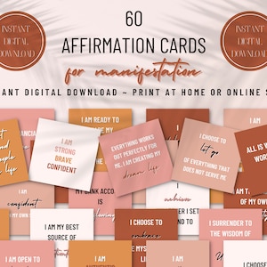 60 Tarjetas de Afirmación para Manifestación, Afirmaciones Diarias, Baraja Imprimible, Tarjetas de Salud Mental, Tarjetas Mantra, DESCARGA DITIAL INSTANTÁNEA