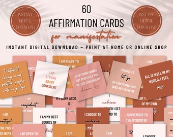 60 Affirmation Cards for Manifestation, Daily Affirmations, Printable Deck, Mental Health Cards, Mantra Cards, INSTANT DITIAL DOWNLOAD