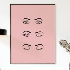 Könnte beinhalten: Ein rosa Poster mit drei schwarzen Linienzeichnungen von Augen in verschiedenen Zuständen: offen, halb geschlossen und geschlossen.
