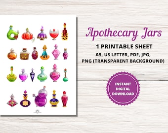 Apothecary Jars, Potion Bottles, Printable Sticker Sheet, Witchy Stickers, Magic Potions, Cute Sticker Pack, INSTANT DIGITAL DOWNLOAD