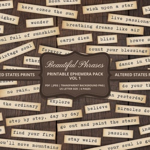 Bellissime frasi, pacchetto Ephemera, parole del diario, parole digitali, kit diario spazzatura, frasi felici, parole ispiratrici stampabili, FILE DIGITALE