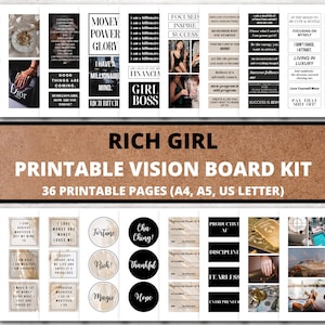Images imprimables Vision Board 2025, kit de visualisation de carte Rich Girl, fête du Vision Board, kit de manifestation, cartes d'affirmation, chèques d'abondance, PDF