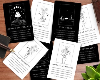 Peut inclure: Un jeu de dix cartes noires et blanches avec des illustrations et des invites pour des exercices d'écriture créative. Les cartes présentent une variété de thèmes, notamment la nature, les souvenirs et l'océan.