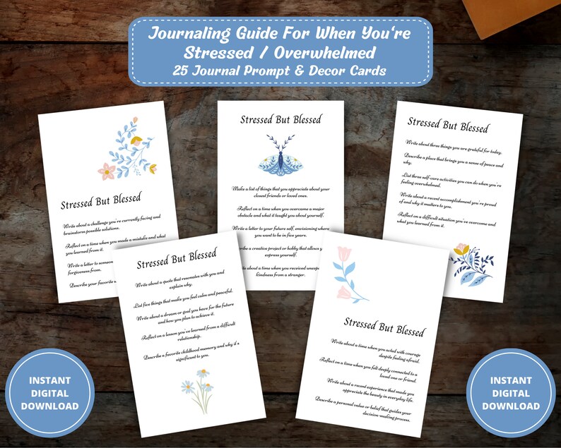 May include: A set of printable journaling cards with floral illustrations and prompts for self-reflection. The cards feature the text "Stressed But Blessed" and encourage users to write about their challenges, blessings, and accomplishments.