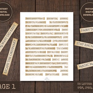 May include: A printable sheet of digital stickers with a vintage aesthetic. The stickers feature quotes about magic, fairy dust, and enchanted realms. The sheet is labeled "Page 1" and is designed for US letter size printing.