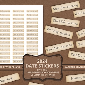 2024 Datumstickers, 2024 Gedateerde Afdrukbare Planner Stickers, Datumhoezen, Datumlabels, Minimale Planning, 365 Dagen Stickers, Digitale Download