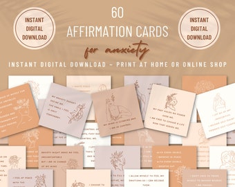 May include: Sixty printable affirmation cards with a beige background and brown text. The cards feature line drawings of a woman's face with floral accents. The text on the cards includes phrases like "My anxiety doesn't define me" and "I am free to choose a life that serves me."