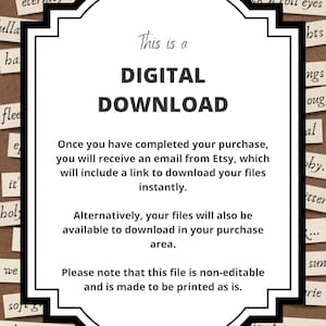 Puede incluir: Un aviso de descarga digital con el texto "Esto es una DESCARGA DIGITAL" en un marco decorativo. El texto debajo del marco explica que despu&eacute;s de la compra, se enviar&aacute; un enlace para descargar los archivos por correo electr&oacute;nico. El aviso est&aacute; rodeado de un tablero de corcho con varios trozos de papel con texto en ellos.