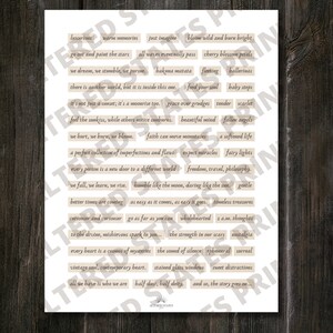 Puede incluir: Una p&aacute;gina imprimible con fondo beige y texto marr&oacute;n. La p&aacute;gina se titula "P&aacute;gina 6" y presenta una lista de palabras y frases, que incluyen "recuerdos c&aacute;lidos", "imagina", "florece salvaje y arde brillante", "todas las olas eventualmente pasan", "hakuna matata", "alimenta tu alma", "la fe puede mover monta&ntilde;as", "espera milagros", "libertad, viajes, filosof&iacute;a", "humilde como la luna, audaz como el sol", "tan f&aacute;cil como viene, tan f&aacute;cil como va", "tesoros intemporales", "de todo coraz&oacute;n", "pensamientos de las 2 a.m.", "la fuerza en nuestras cicatrices", "nostalgia", "cada coraz&oacute;n es un cosmos de misterios", "el sonido del silencio", "ef&iacute;mero", "surreal", "alma vintage, coraz&oacute;n contempor&aacute;neo", "ventanas de vidrio tintado", "dulces distracciones", "mitad polvo, mitad deidad", "y as&iacute;, la historia contin&uacute;a..."