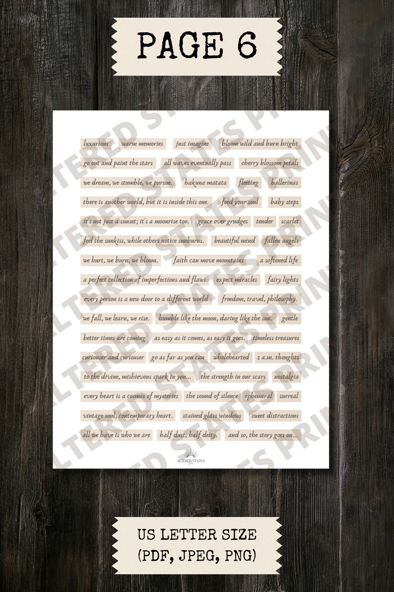 Puede incluir: Una p&aacute;gina imprimible con fondo beige y texto marr&oacute;n. La p&aacute;gina se titula "P&aacute;gina 6" y presenta una lista de palabras y frases, que incluyen "recuerdos c&aacute;lidos", "imagina", "florece salvaje y arde brillante", "todas las olas eventualmente pasan", "hakuna matata", "alimenta tu alma", "la fe puede mover monta&ntilde;as", "espera milagros", "libertad, viajes, filosof&iacute;a", "humilde como la luna, audaz como el sol", "tan f&aacute;cil como viene, tan f&aacute;cil como va", "tesoros intemporales", "de todo coraz&oacute;n", "pensamientos de las 2 a.m.", "la fuerza en nuestras cicatrices", "nostalgia", "cada coraz&oacute;n es un cosmos de misterios", "el sonido del silencio", "ef&iacute;mero", "surreal", "alma vintage, coraz&oacute;n contempor&aacute;neo", "ventanas de vidrio tintado", "dulces distracciones", "mitad polvo, mitad deidad", "y as&iacute;, la historia contin&uacute;a..."