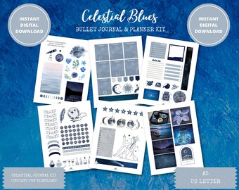 May include: A digital planner kit with a celestial theme. The kit includes printable pages with watercolor illustrations of moons, stars, and constellations. The colour palette is primarily blue and white. Text on the image reads "Celestial Blues Bullet Journal & Planner Kit."
