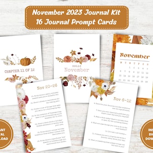 November 2023 Journal Prompts, Monthly Journal Kit, Writing Prompts, Journal Inserts, Printable Journal Cards, Planner Cards, DIGITAL PDF