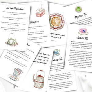 Könnte beinhalten: Ein Satz von zehn Karten mit Aquarell-Illustrationen von Teekannen und Teetassen. Jede Karte zeigt eine andere Teesorte, darunter Matcha, Weißer Tee, Dolong und mehr. Die Karten enthalten Text über die Geschichte und die Eigenschaften jedes Tees.