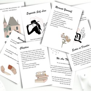 Cartões de incentivo, cartões de diário com citações de amor próprio, inserções de diário de terapia, avisos de diário, cartões de planejador, cartões de registro no diário para impressão