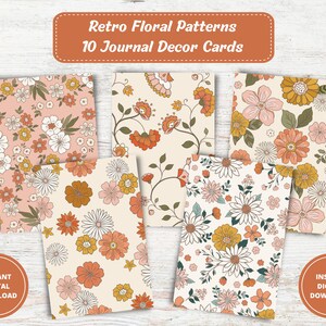 Painéis imprimíveis com padrão floral retrô, painel de planejador, kit de diário DIY, papel digital floral, cartões de registro no diário, diário com marcadores PDF