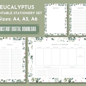 Zestaw 4 artykułów piśmiennych botanicznych, notatnik Eucalyptus Border, planer godzinowy, tygodniowa lista rzeczy do zrobienia, dzienna lista kontrolna, strona na notatki, A4 A5 A6