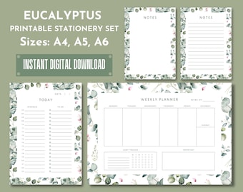 Botanical Stationary Set of 4, Eucalyptus Border Planner Notepad, Hourly Planner, Weekly To Do List, Daily Checklist, Notes Page, A4 A5 A6