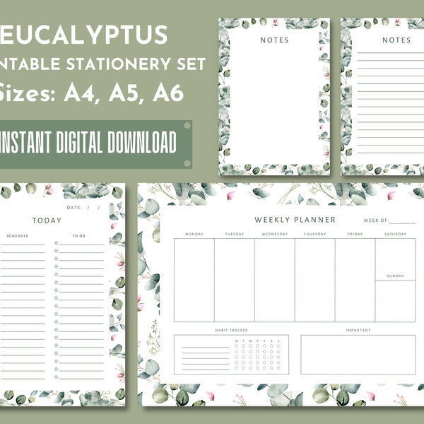 Botanical Stationary Set of 4, Eucalyptus Border Planner Notepad, Hourly Planner, Weekly To Do List, Daily Checklist, Notes Page, A4 A5 A6