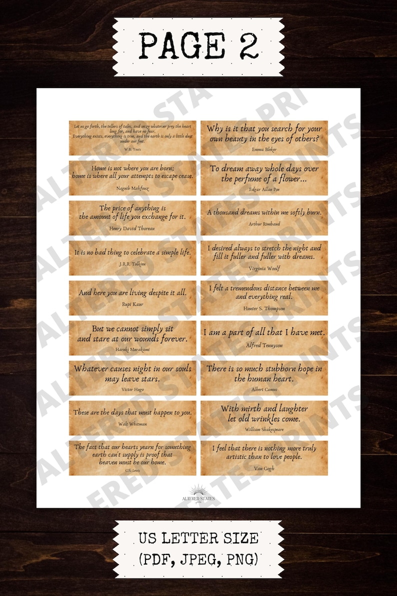 May include: A printed page featuring a collection of quotes on individual rectangular cards. The cards are arranged in rows and columns, with each card containing a quote and the author's name. The page is labeled "PAGE 2" at the top and "US LETTER SIZE" at the bottom.