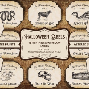Op de afbeelding: Een set van 15 printbare Halloween-apotheeklabels met vintage illustraties van verschillende wezens en ingrediënten. De labels zijn ontworpen in een rustieke stijl met een bruine achtergrond en witte tekst. De tekst op de labels bevat "The Magic Apothecary" en de naam van elk ingrediënt, zoals "Toe of Frog", "Tongue of Dog" en "Eye of Newt".
