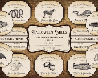 May include: A set of 15 printable Halloween apothecary labels featuring vintage illustrations of various creatures and ingredients. The labels are designed in a rustic style with a brown background and white text. The text on the labels includes "The Magic Apothecary" and the name of each ingredient, such as "Toe of Frog", "Tongue of Dog", and "Eye of Newt".