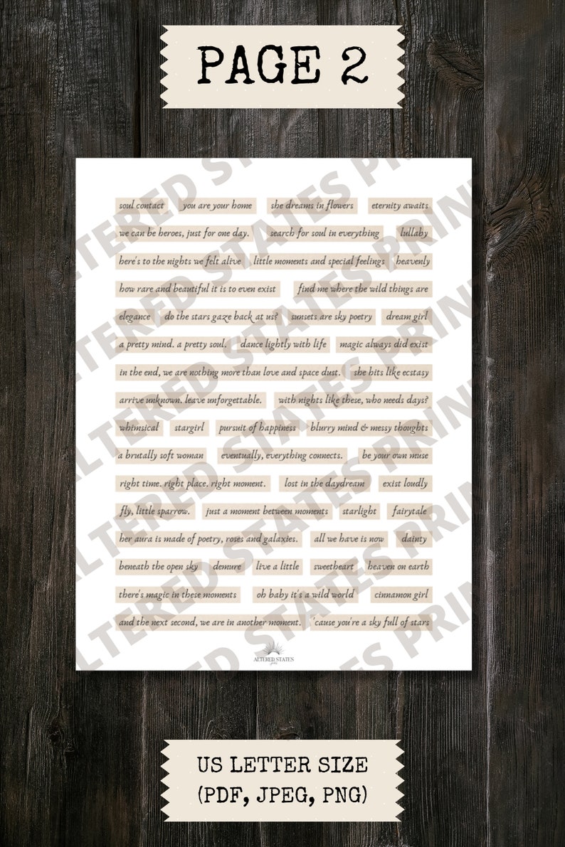 Puede incluir: Una p&aacute;gina imprimible con fondo beige y texto negro. El texto est&aacute; dispuesto en una cuadr&iacute;cula y contiene frases como "contacto del alma", "ella sue&ntilde;a con flores", "peque&ntilde;os momentos", "encu&eacute;ntrame donde las cosas salvajes est&aacute;n", "una mente hermosa", "bailar ligeramente con la vida", "ella golpea como el &eacute;xtasis", "la b&uacute;squeda de la felicidad", "s&eacute; tu propia musa", "vuela, peque&ntilde;o gorri&oacute;n", "solo un momento entre momentos", "debajo del cielo abierto", "oh beb&eacute;, es un mundo salvaje", "porque eres un cielo lleno de estrellas". La p&aacute;gina est&aacute; etiquetada como "P&aacute;gina 2" en la parte superior central.