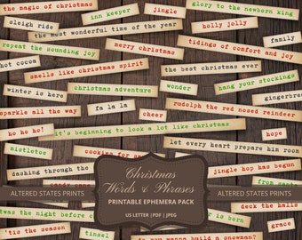 May include: A printable ephemera pack with Christmas words and phrases. The pack includes phrases like "the magic of Christmas", "jingle", "glory to the newborn king", "repeat the sounding joy", "merry Christmas", "wonder", "rudolph the red nosed reindeer", "it's beginning to look a lot like Christmas", "let every heart prepare him room", "jingle hop has begun", "deck the halls", "do you wanna build a snowman?" and more. The pack is printed on US letter size paper.