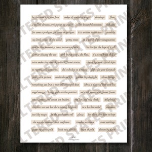 Puede incluir: Una p&aacute;gina imprimible con fondo beige y texto marr&oacute;n. La p&aacute;gina presenta una colecci&oacute;n de citas y frases inspiradoras, como "deja que el viento te bese la cara", "buscador de magia cotidiana", "re&uacute;ne hermosos momentos", "como un cisne en un mundo de pura imaginaci&oacute;n", "es un tipo de d&iacute;a rosado", "lucha por tu cuento de hadas", "dorado como la luz del d&iacute;a", "la vida es un baile de amor y p&eacute;rdida", "todos somos poemas en diferentes formas", "para siempre en un mundo de Barbie", "existencia atemporal", "dulces nada", "coraz&oacute;n de oro", y "impulsado por el amanecer". La p&aacute;gina se titula "PAGE 3" y est&aacute; etiquetada como "TAMA&Ntilde;O CARTA DE EE. UU. (PDF, JPEG, PNG)".
