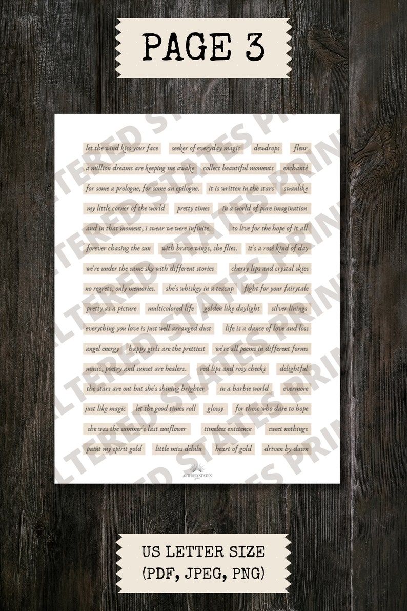 Puede incluir: Una p&aacute;gina imprimible con fondo beige y texto marr&oacute;n. La p&aacute;gina presenta una colecci&oacute;n de citas y frases inspiradoras, como "deja que el viento te bese la cara", "buscador de magia cotidiana", "re&uacute;ne hermosos momentos", "como un cisne en un mundo de pura imaginaci&oacute;n", "es un tipo de d&iacute;a rosado", "lucha por tu cuento de hadas", "dorado como la luz del d&iacute;a", "la vida es un baile de amor y p&eacute;rdida", "todos somos poemas en diferentes formas", "para siempre en un mundo de Barbie", "existencia atemporal", "dulces nada", "coraz&oacute;n de oro", y "impulsado por el amanecer". La p&aacute;gina se titula "PAGE 3" y est&aacute; etiquetada como "TAMA&Ntilde;O CARTA DE EE. UU. (PDF, JPEG, PNG)".
