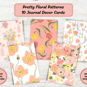 May include: A collection of ten journal decor cards featuring various floral patterns. The cards showcase designs with tulips, poppies, and other flowers in shades of pink, peach, yellow, and white. The text "Pretty Floral Patterns" and "Instant Digital Download" are visible.