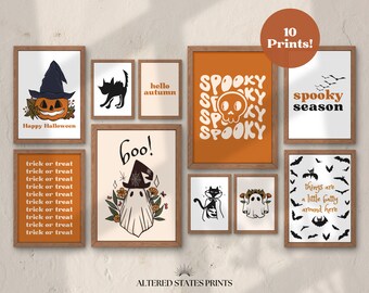 May include: A set of 10 printable Halloween themed illustrations. The illustrations include a ghost, a black cat, a pumpkin, bats, and text that says "Spooky Season", "Boo!" and "Trick or Treat".