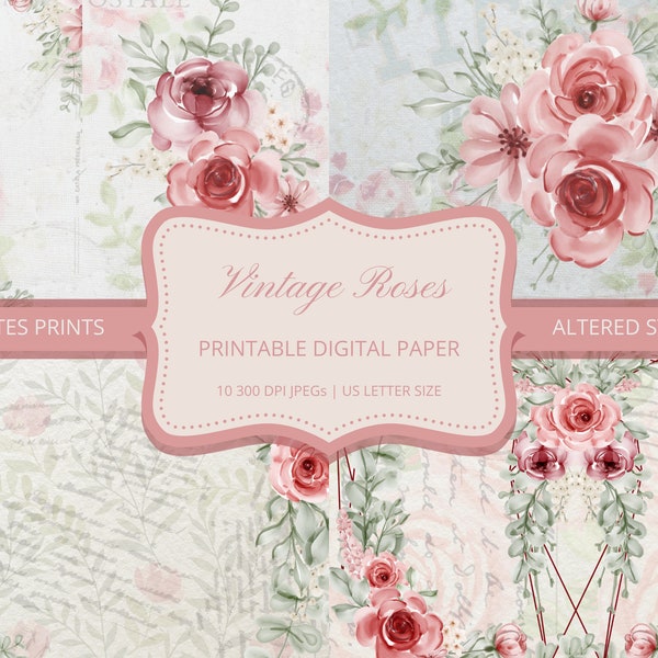 Vintage Roses, Shabby Chic Junk Journal Kit, Floral Decoupage, Paper Ephemera Lot, Retro Spring Digital Paper, INSTANT DIGITAL DOWNLOAD