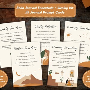 Boho Journal Prompt Cards, Journal Prompts, Printable Weekly Kit, Morning Journal, Bedtime Journal, Bullet Journal Kit, DIGITAL DOWNLOAD PDF