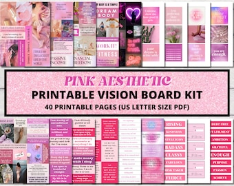 Vision Board Printables, Pink Aesthetic Vision Board Kit, Vision Board Party, Manifestation Kit, Affirmation Cards, Abundance Checks, PDF