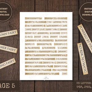 May include: A printable sheet of digital stickers with a vintage aesthetic. The stickers feature phrases related to magic, fairies, and fantasy. The text includes "Turn your magic on", "Where reality meets fantasy", "No risk, no magic", "Powered by pixie dust", and more. The stickers are designed for use in planners, journals, and other creative projects.