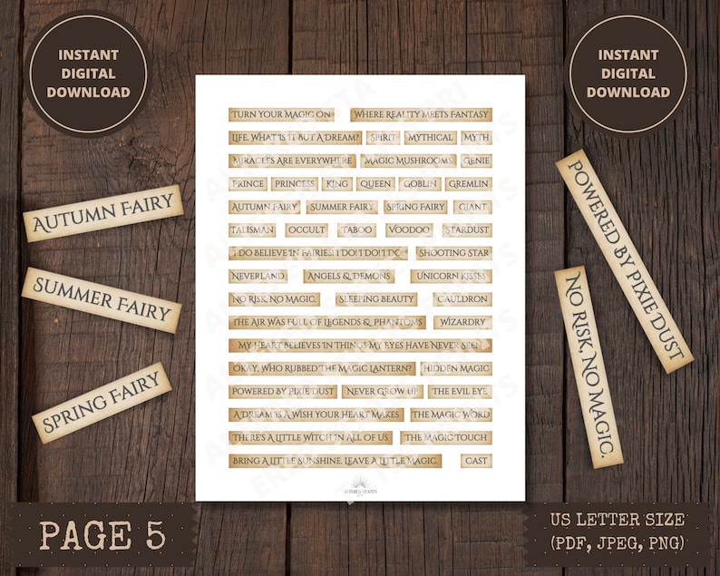 May include: A printable sheet of digital stickers with a vintage aesthetic. The stickers feature phrases related to magic, fairies, and fantasy. The text includes "Turn your magic on", "Where reality meets fantasy", "No risk, no magic", "Powered by pixie dust", and more. The stickers are designed for use in planners, journals, and other creative projects.