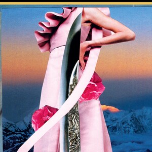 May include: Ace of Swords tarot card illustration featuring a woman in a pink dress holding a sword, with a sculpted head at the base of the sword. The background is a snowy mountain range with a pink and blue sky.