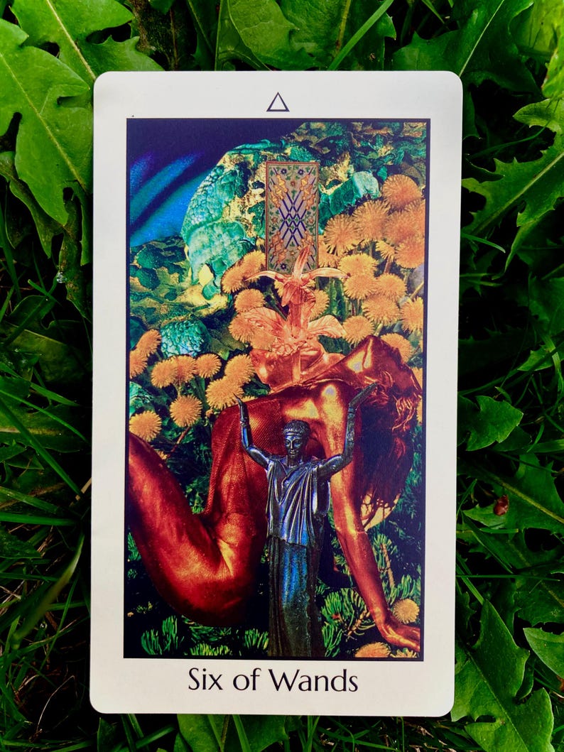 May include: A tarot card with a white border featuring the "Six of Wands." The card depicts a figure with arms raised, a statue, and a background of flowers and a door. The card is set against a backdrop of green foliage.