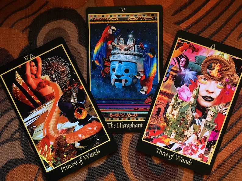 The Princess of Wands, Hierophant and Three of Wands cards from the Telezma Tarot, a hand cut collage Tarot deck. Each card has striking imagery, hold colors and a dynamic composition.