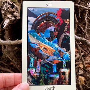 May include: A tarot card featuring a collage of images, including a blue fish with an eye, a figure in a black hat, and various bottles. The card is labeled "XIII" at the top and "Death" at the bottom.