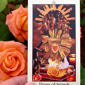 May include: A tarot card titled "Three of Wands" featuring a collage with a golden sunburst, a heart-shaped fruit, and orange slices. The card is held near two orange roses.