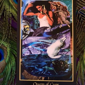 Pu&ograve; includere: Carta dei tarocchi Regina di Coppe con un collage di immagini tra cui una donna che tiene un telefono, un delfino e un gatto bianco. La carta &egrave; nera con bordi dorati e il testo "Regina di Coppe" &egrave; stampato in oro.