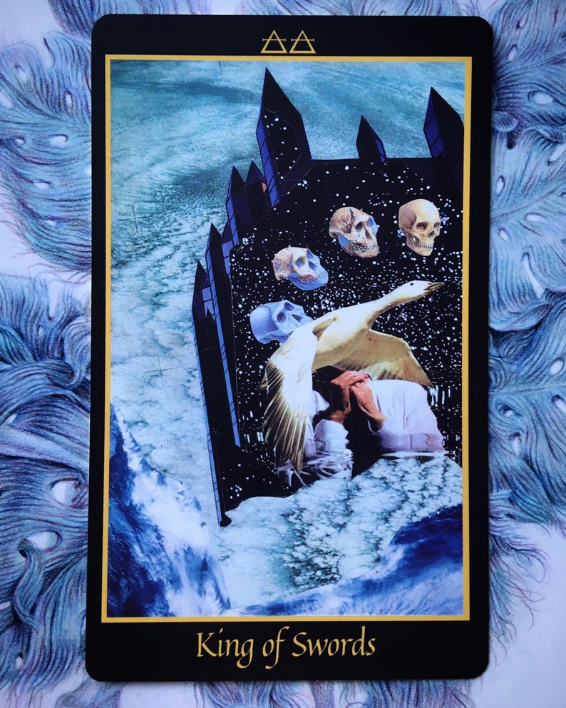 On the King of Swords card from the Telezma Tarot, the king is seen in his obsidian sky fortress high above the Earth. His hands are folded in reverie as the goose of imagination takes flight, with four skulls showing the path of human evolution.