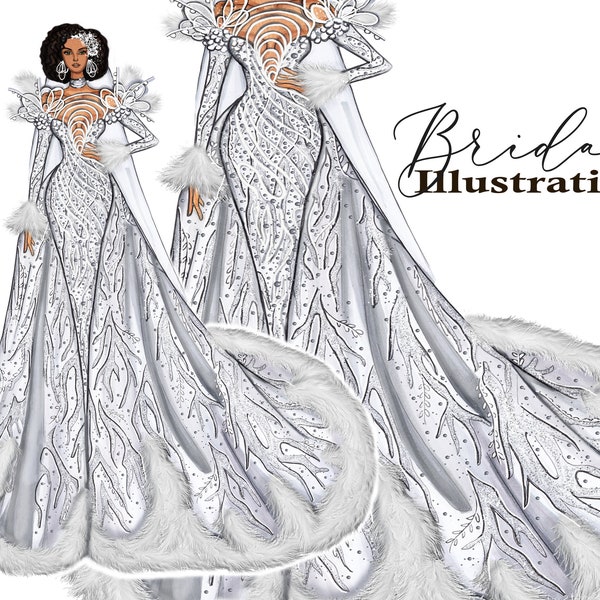 Extravagant Bridal Illustration, Extravagant Bridal Dress, Custom Bridal Illustration, Haute Couture Illustration, Bridal Dress Illustration
