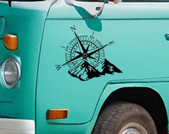 Compass Mountain View Scene Vinyl Decal – Gloss Black – Universal Fit For Car, Truck, Van, Camper Window
