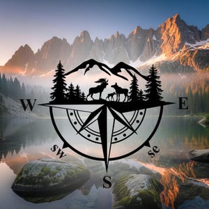 Two moose and a baby moose in the mountains with a compass, quality sticker for your vehicle