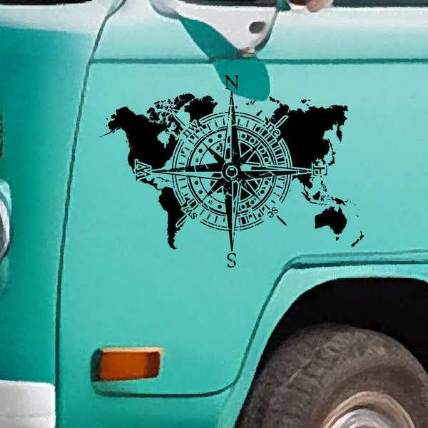 World Map and Compass Vinyl Decal - Vinyl decal for your van, camper, caravan, boat and more